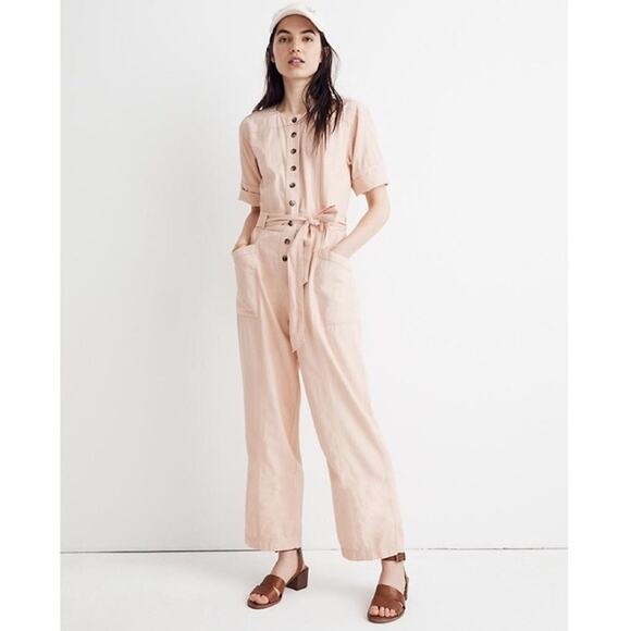 Madewell Top Stitched Coverall Belt Button Jumpsuit Bashful Pink Women Sz 00 - Picture 12 of 12
